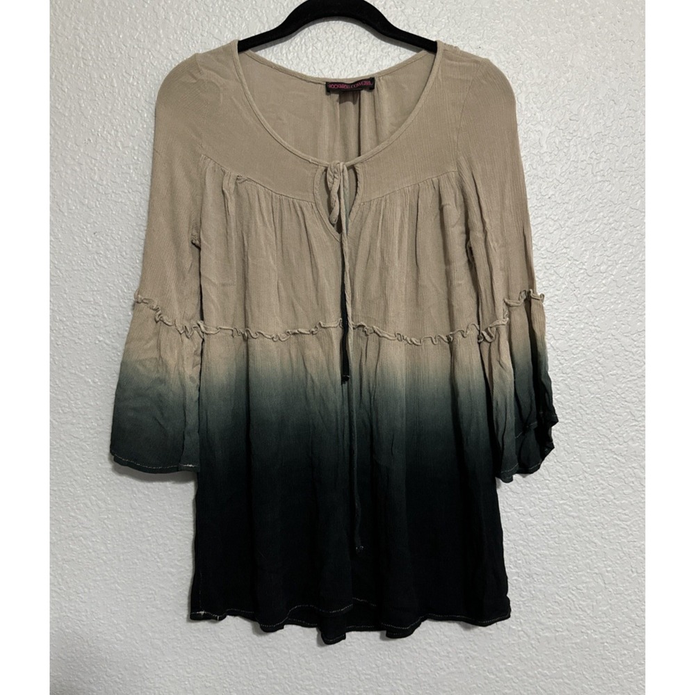 Rock&Roll Cowgirl Multicolor 3/4 Sleeve Ombre Tunic w/a Tie Keyhole Neck - SZ M